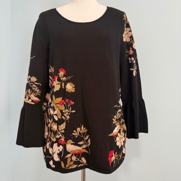 Chico's Sweaters - Chicos 2 Floral Sweater Womens Size Large Black 100% Cotton Jacquard Bell Sleeve